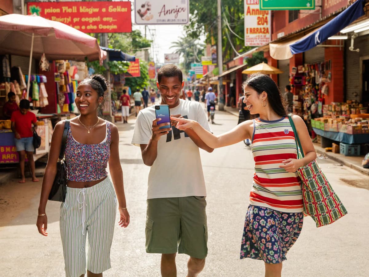 Friends exploring local vendor market with Anjoh